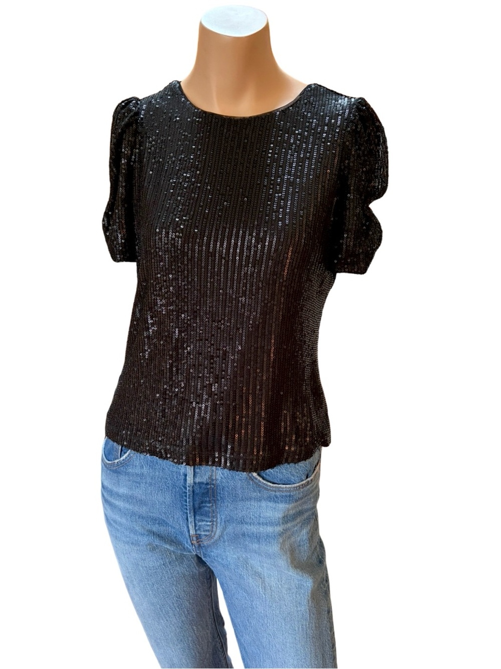 DKNY Black Sequin Puff Sleeve Top Small NWOT